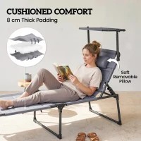Outsunny 2 Pcs Outdoor Lounge Chair, 4 Position Adjustable Backrest, Folding, Cushioned w/ Sun Shade Roof & Pillow, Gray(m-4)