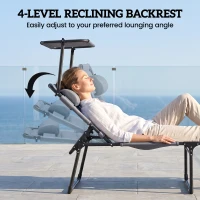 Outsunny 2 Pcs Outdoor Lounge Chair, 4 Position Adjustable Backrest, Folding, Cushioned w/ Sun Shade Roof & Pillow, Gray(m-5)