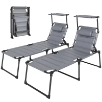 Outsunny 2 Pcs Outdoor Lounge Chair, 4 Position Adjustable Backrest, Folding, Cushioned w/ Sun Shade Roof & Pillow, Gray(m-1)
