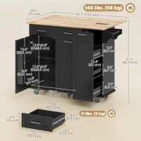 HOMCOM Kitchen Island on Wheels with Wood Drop Leaf, Charging Station, Rolling Kitchen Cart with Adjustable Shelf, Black(m-3)