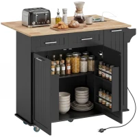 HOMCOM Kitchen Island on Wheels with Wood Drop Leaf, Charging Station, Rolling Kitchen Cart with Adjustable Shelf, Black(m-2)