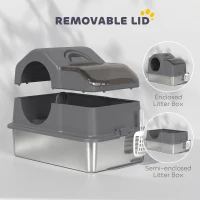 PawHut Extra Large Stainless Steel Cat Litter Box w/ High Sided, Removable Lid, Scoop, Odor Free, Non-Sticky, Dark Grey(m-4)