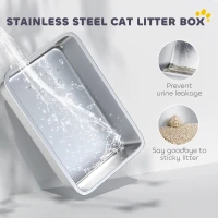 PawHut Extra Large Stainless Steel Cat Litter Box w/ High Sided, Removable Lid, Scoop, Odor Free, Non-Sticky, Dark Grey(m-6)