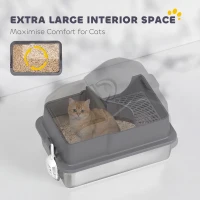 PawHut Extra Large Stainless Steel Cat Litter Box w/ High Sided, Removable Lid, Scoop, Odor Free, Non-Sticky, Dark Grey(m-5)