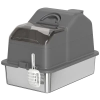 PawHut Extra Large Stainless Steel Cat Litter Box w/ High Sided, Removable Lid, Scoop, Odor Free, Non-Sticky, Dark Grey(m-2)