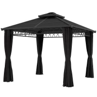 Outsunny 10' x 10' Outdoor Hardtop Gazebo Canopy w/ Double PC Roof, Steel Frame, Nettings, Curtains for Garden Lawn Deck, Black(m-2)