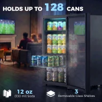HOMCOM 3.2 Cu.Ft Beverage Fridge, 128 Can Drink Fridge with Glass Door, Auto-Defrost and LED Light for Soda, Beer, Black(m-4)