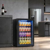 HOMCOM 2.1 Cu.Ft Beverage Fridge, 85 Can Drink Fridge with Glass Door, Auto-Defrost and LED Lights for Soda, Beer, Black(m-1)