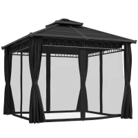 Outsunny 10' x 10' Outdoor Hardtop Gazebo Canopy w/ Double PC Roof, Steel Frame, Nettings, Curtains for Garden Lawn Deck, Black(m-9)