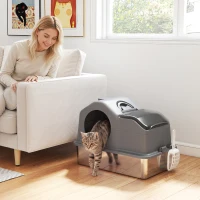 PawHut Extra Large Stainless Steel Cat Litter Box w/ High Sided, Removable Lid, Scoop, Odor Free, Non-Sticky, Dark Grey(m-1)