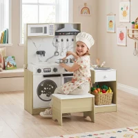 Qaba Play Kitchen Set for Kids, 2-in-1 Convertible Table and Chair Set, Kitchen Playset with Sink, Oven, Accessories for 3-8(m-9)