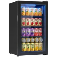 HOMCOM 2.1 Cu.Ft Beverage Fridge, 85 Can Drink Fridge with Glass Door, Auto-Defrost and LED Lights for Soda, Beer, Black(m-13)