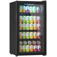 HOMCOM 3.2 Cu.Ft Beverage Fridge, 128 Can Drink Fridge with Glass Door, Auto-Defrost and LED Light for Soda, Beer, Black(m-13)