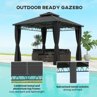 Outsunny 10' x 10' Outdoor Hardtop Gazebo Canopy w/ Double PC Roof, Steel Frame, Nettings, Curtains for Garden Lawn Deck, Black(m-6)