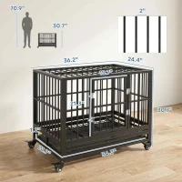PawHut 36" Heavy Duty Dog Crate Metal Cage Kennel with Lockable Wheels, Double Door and Removable Tray, Gray(m-3)