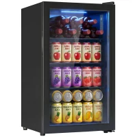HOMCOM 2.1 Cu.Ft Beverage Fridge, 85 Can Drink Fridge with Glass Door, Auto-Defrost and LED Lights for Soda, Beer, Black(m-2)