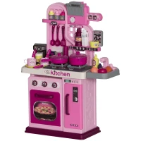 Qaba Kids Play Kitchen with Lights, Sounds, 33 Accessories & Storage for Toddler 3-6 Years(m-2)