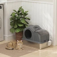 PawHut Extra Large Stainless Steel Cat Litter Box w/ High Sided, Removable Lid, Scoop, Odor Free, Non-Sticky, Dark Grey(m-8)