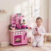Qaba Kids Play Kitchen with Lights, Sounds, 33 Accessories & Storage for Toddler 3-6 Years(m-8)