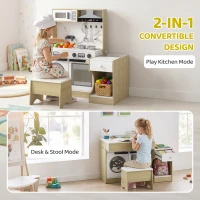 Qaba Play Kitchen Set for Kids, 2-in-1 Convertible Table and Chair Set, Kitchen Playset with Sink, Oven, Accessories for 3-8(m-4)