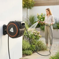 Outsunny Retractable Garden Hose Reel, 1/2"x75.5ft Wall Mounted Hose Reel with 12-Pattern Nozzles, Auto Retraction, Self-Locking(m-1)