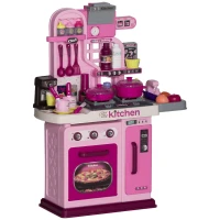Qaba Kids Play Kitchen with Lights, Sounds, 33 Accessories & Storage for Toddler 3-6 Years(m-13)