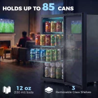 HOMCOM 2.1 Cu.Ft Beverage Fridge, 85 Can Drink Fridge with Glass Door, Auto-Defrost and LED Lights for Soda, Beer, Black(m-4)