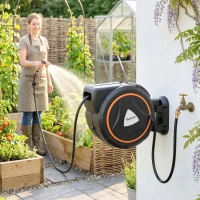 Outsunny Retractable Garden Hose Reel, 1/2"x75.5ft Wall Mounted Hose Reel with 12-Pattern Nozzles, Auto Retraction, Self-Locking(m-8)