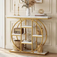 HOMCOM 39.4" Console Table with Storage Shelves, Industrial Sofa Table for Living Room, Hallway, White Marble Effect(m-8)