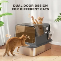 PawHut XXL Stainless Steel Cat Litter Tray, Enclosed Cat Litter Box for Big Cats with High Sides, Scoop, Easy Clean, Black(m-7)