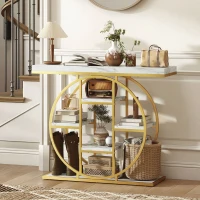 HOMCOM 39.4" Console Table with Storage Shelves, Industrial Sofa Table for Living Room, Hallway, White Marble Effect(m-7)
