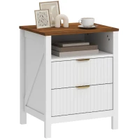 HOMCOM Modern Nightstand with 2 Fluted Drawers, Bedside Table with Open Storage Shelf, Anti-tipping Design, White and Walnut(m-13)
