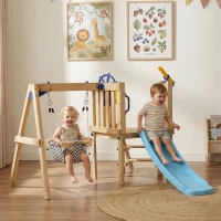 Outsunny Wooden Kids Swing Set with Slide, Swing Seat, Captain's Wheel, Telescope, for Ages 18-48 Months, Natural(m-7)