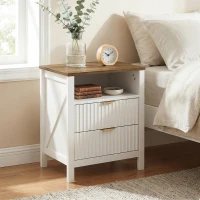 HOMCOM Modern Nightstand with 2 Fluted Drawers, Bedside Table with Open Storage Shelf, Anti-tipping Design, White and Walnut(m-8)