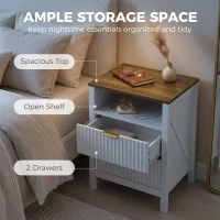 HOMCOM Modern Nightstand with 2 Fluted Drawers, Bedside Table with Open Storage Shelf, Anti-tipping Design, White and Walnut(m-4)