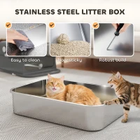 PawHut XXL Stainless Steel Cat Litter Tray, Enclosed Cat Litter Box for Big Cats with High Sides, Scoop, Easy Clean, Black(m-4)