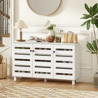 HOMCOM Shoe Cabinet with 3 Slatted Doors, 3-tier Shelving Rack Cabinet with Adjustable Shelves for 15 Pairs of Shoes, White(m-1)