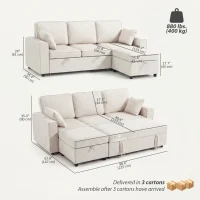 HOMCOM Modular Sectional Sofa Bed with Reversible Storage Ottoman, Pull Out Sleeper Sofa with Spring Cushion, Beige(m-3)