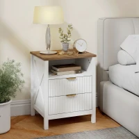 HOMCOM Modern Nightstand with 2 Fluted Drawers, Bedside Table with Open Storage Shelf, Anti-tipping Design, White and Walnut(m-1)