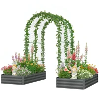 Outsunny Metal Raised Garden Bed with Trellis, Galvanized Garden Bed Kit Outdoor Garden Box with Trellis, Dark Grey(m-2)