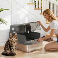 PawHut XXL Stainless Steel Cat Litter Tray, Enclosed Cat Litter Box for Big Cats with High Sides, Scoop, Easy Clean, Black(m-1)
