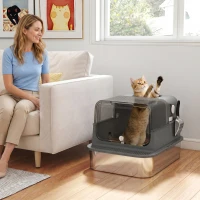 PawHut XXL Stainless Steel Cat Litter Tray, Enclosed Cat Litter Box for Big Cats with High Sides, Scoop, Easy Clean, Black(m-8)