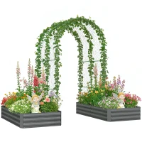 Outsunny Metal Raised Garden Bed with Trellis, Galvanized Garden Bed Kit Outdoor Garden Box with Trellis, Dark Grey(m-9)