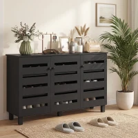HOMCOM Shoe Cabinet with 3 Slatted Doors, 3-tier Shelving Rack Cabinet with Adjustable Shelves for 15 Pairs of Shoes, Black(m-8)