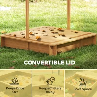 Outsunny Wooden Kids Sandbox with Cover, Sand Play Station with Foldable Bench Seats and Adjustable Canopy, Light Brown(m-6)