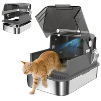 PawHut XXL Stainless Steel Cat Litter Tray, Enclosed Cat Litter Box for Big Cats with High Sides, Scoop, Easy Clean, Black(m-13)