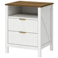HOMCOM Modern Nightstand with 2 Fluted Drawers, Bedside Table with Open Storage Shelf, Anti-tipping Design, White and Walnut(m-2)