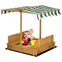 Outsunny Wooden Kids Sandbox with Cover, Sand Play Station with Foldable Bench Seats and Adjustable Canopy, Light Brown(m-9)