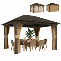 Outsunny 10' x 12' Outdoor Hardtop Gazebo Metal Roof Patio Gazebo with Aluminum Frame, Mesh Nettings, Brown(m-9)