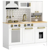 Qaba Play Kitchen, Kids Kitchen Playset with Coffee Maker, Ice Maker, Clicking Knobs, Storage, Accessories for 3-8 Years(m-11)